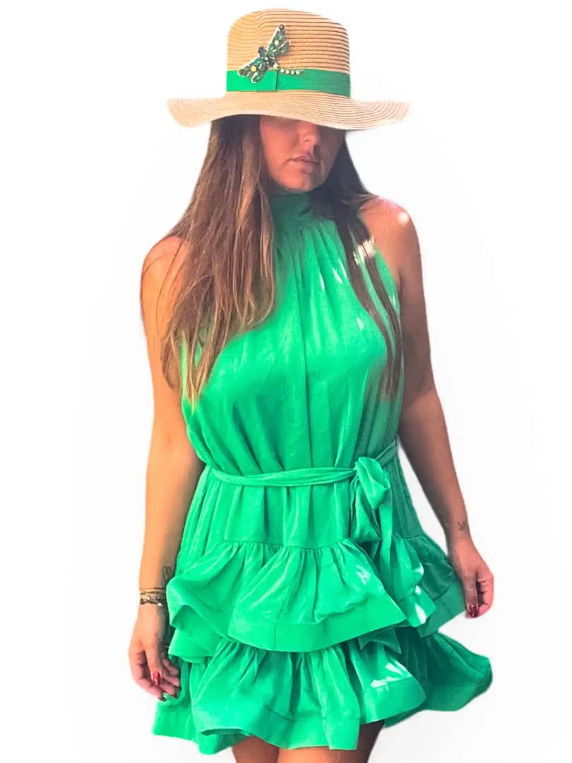Robe courte évasée verte à volants - face
